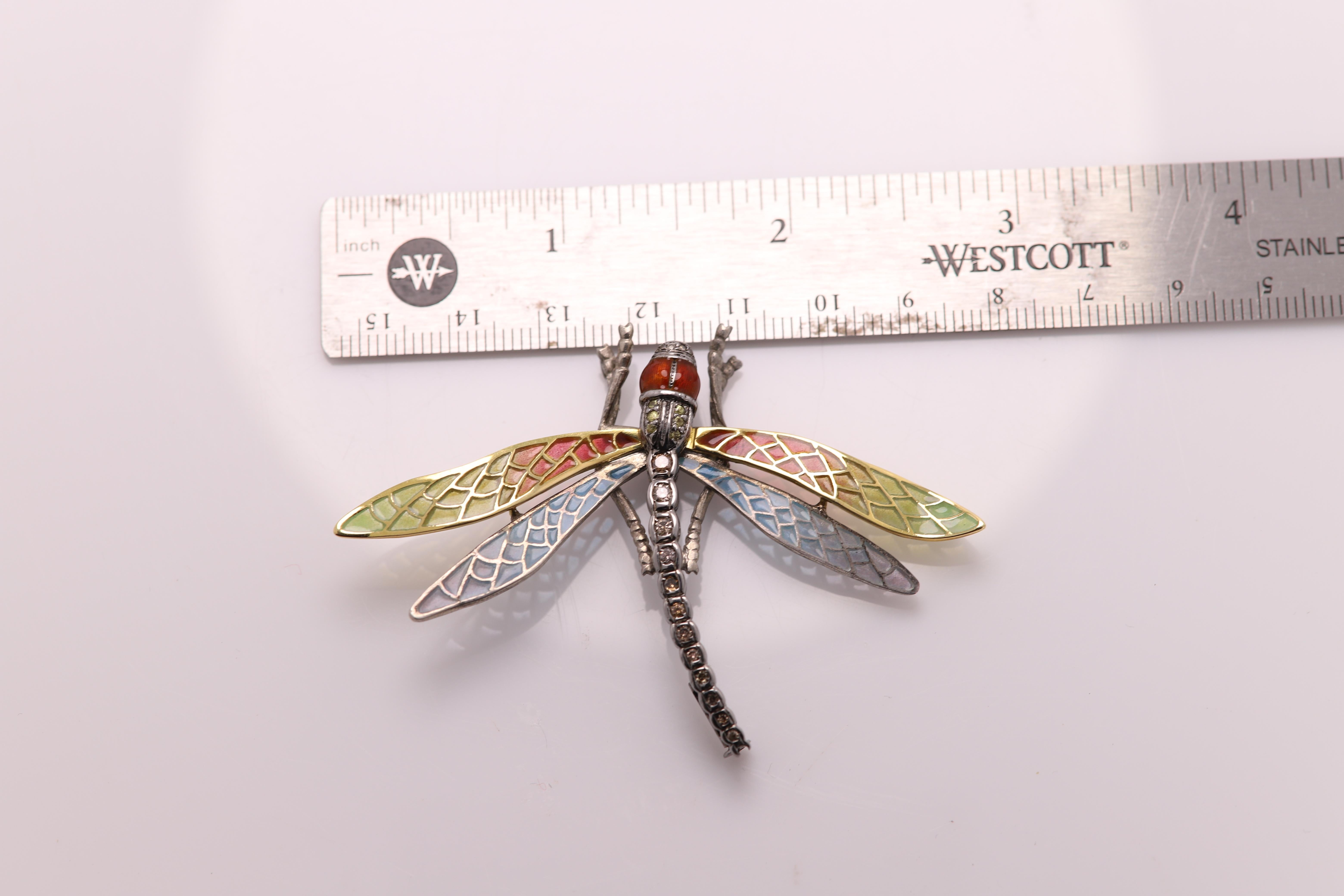 Dragonfly Noueau 1910 Brooch Pin Enamel Sterling Silver and 18 Karat Gold For Sale 1