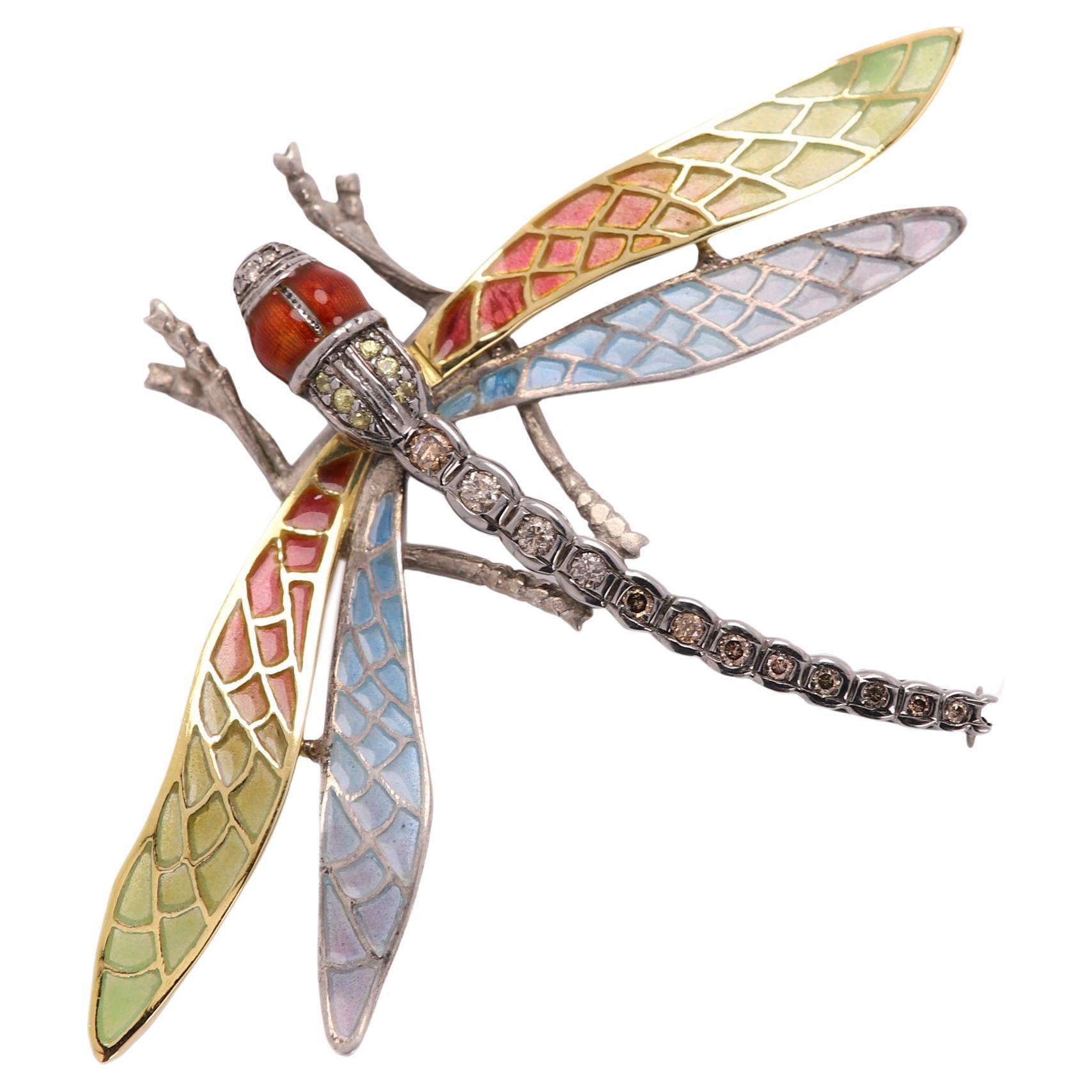 Dragonfly Noueau 1910 Brooch Pin Enamel Sterling Silver and 18 Karat Gold