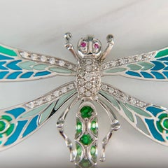 Libellenbrosche mit Tsavorit und Diamanten und Rubinen 18k Weißgold