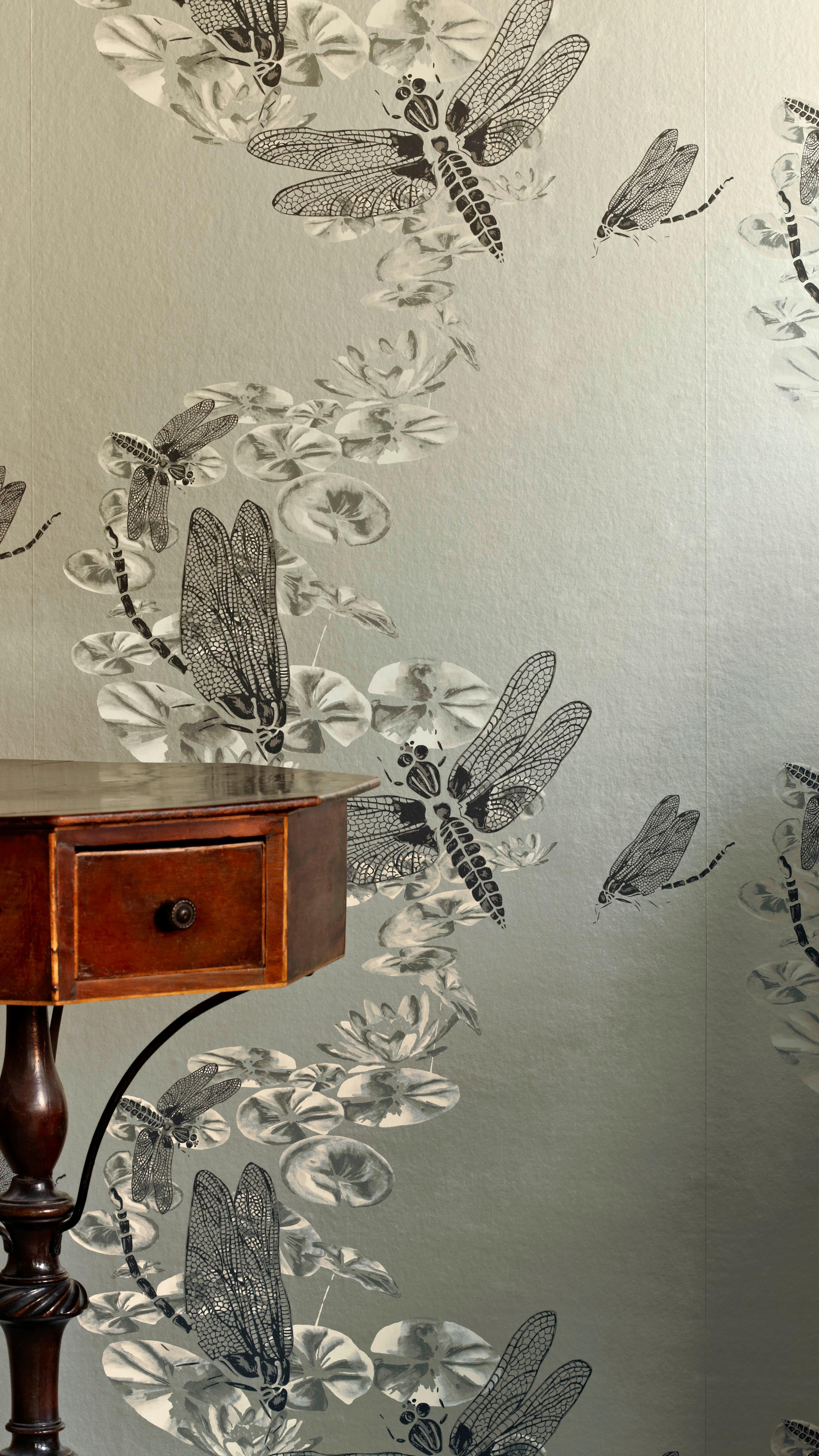 British 'Dragonfly' Contemporary, Traditional Wallpaper in Pewter For Sale
