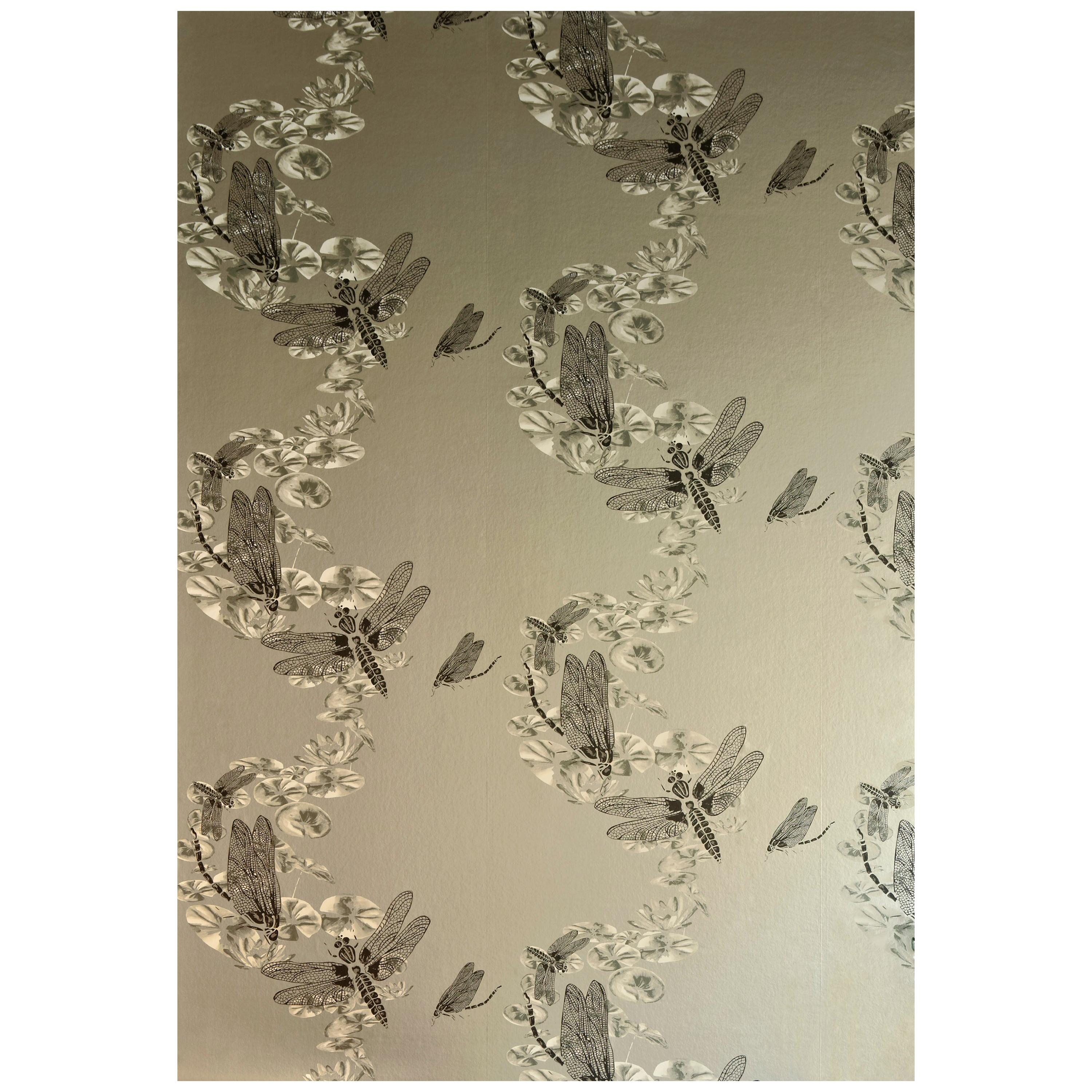 'Dragonfly' Contemporary, Traditional Wallpaper in Pewter For Sale