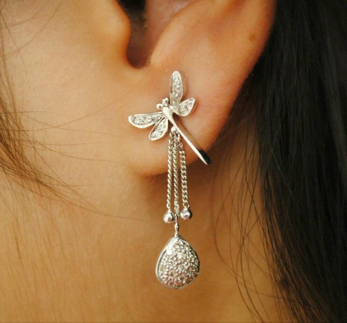 Art déco Dragonfly Dangle Earring 925 Silver Natural Diamond Spring Insect Earring Gift. en vente