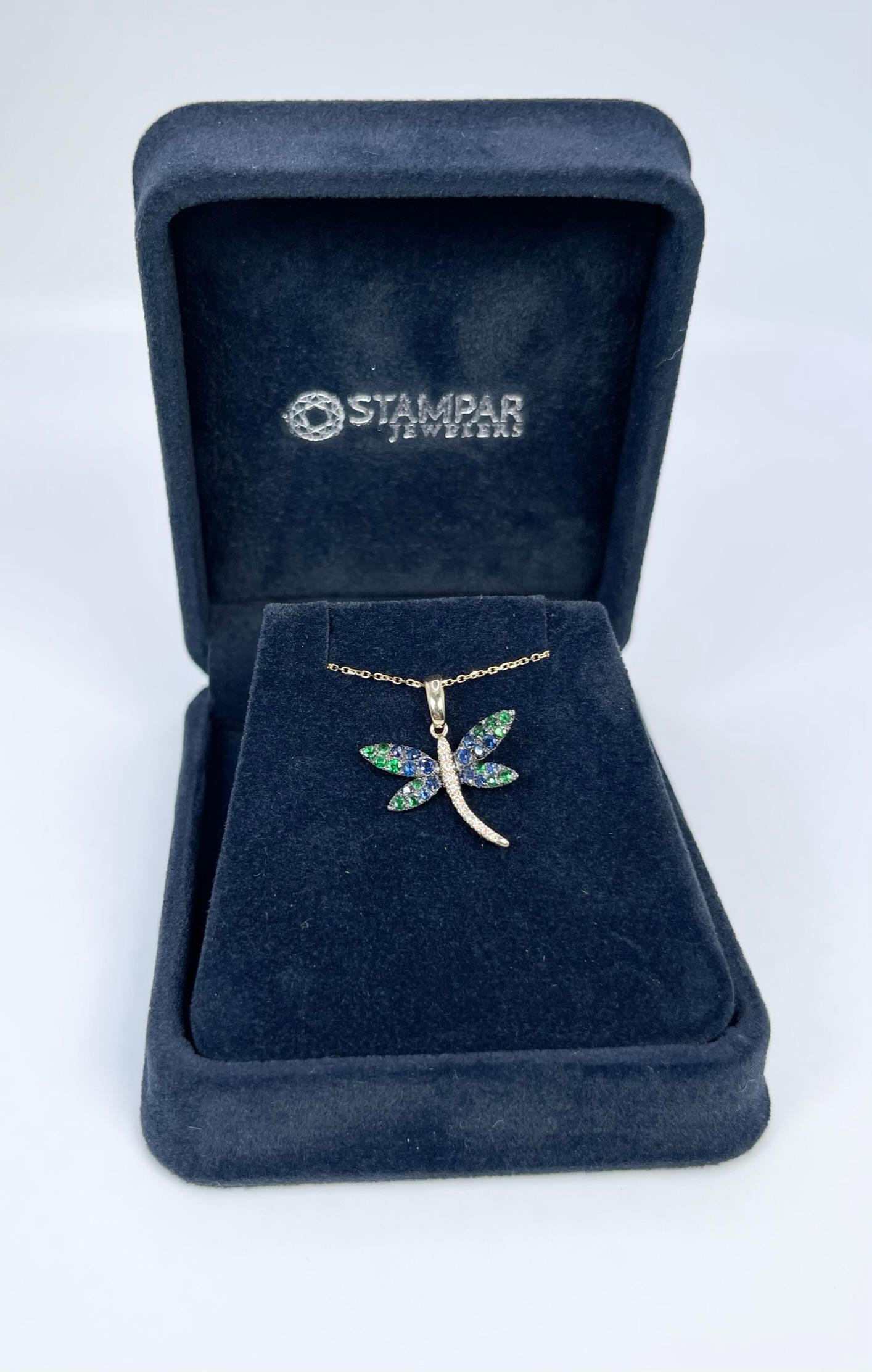 Modern Dragonfly Diamond Pendant Necklace 14kt Yellow Gold Blue Sapphire & Garnet For Sale