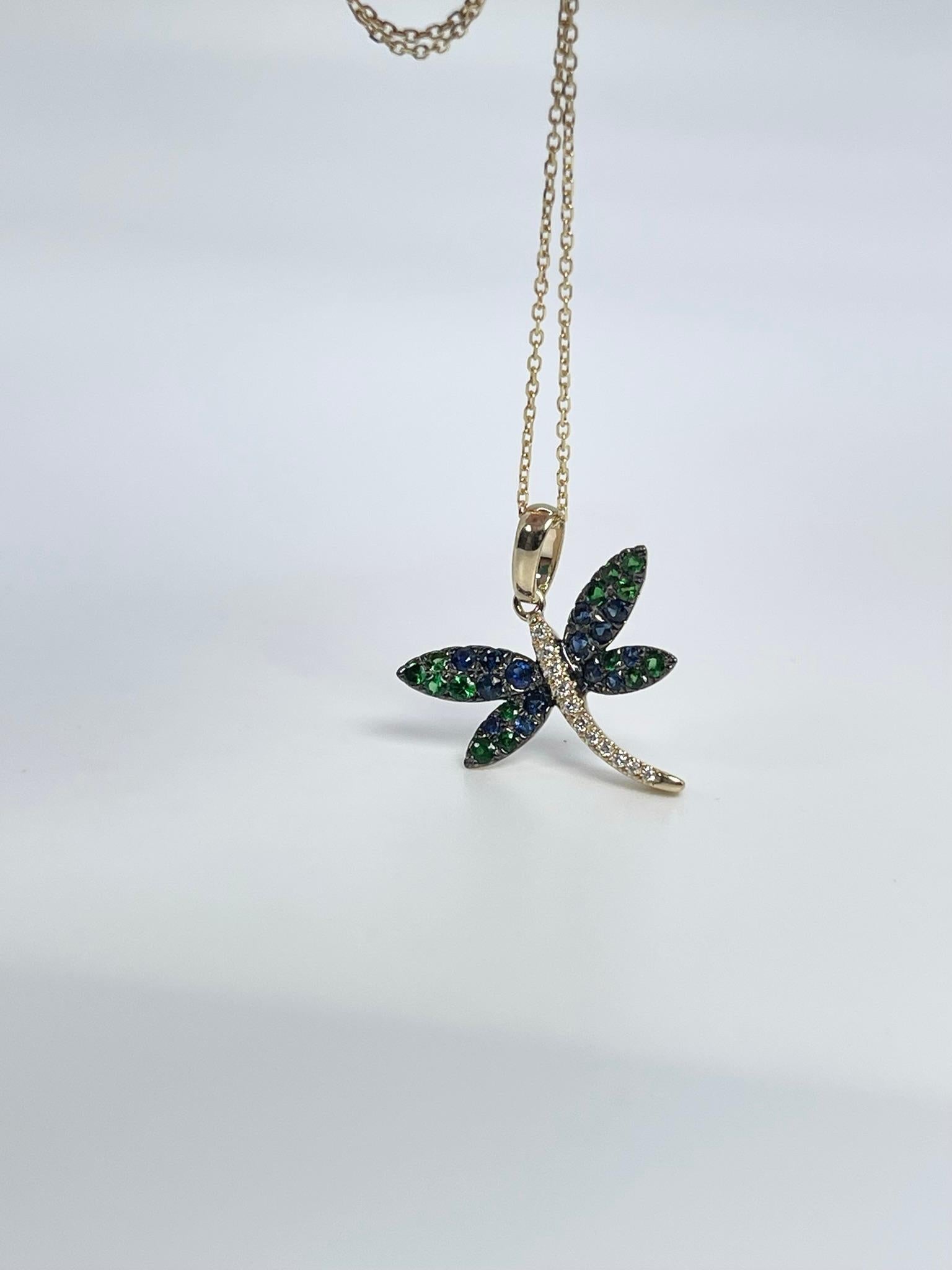 Round Cut Dragonfly Diamond Pendant Necklace 14kt Yellow Gold Blue Sapphire & Garnet For Sale
