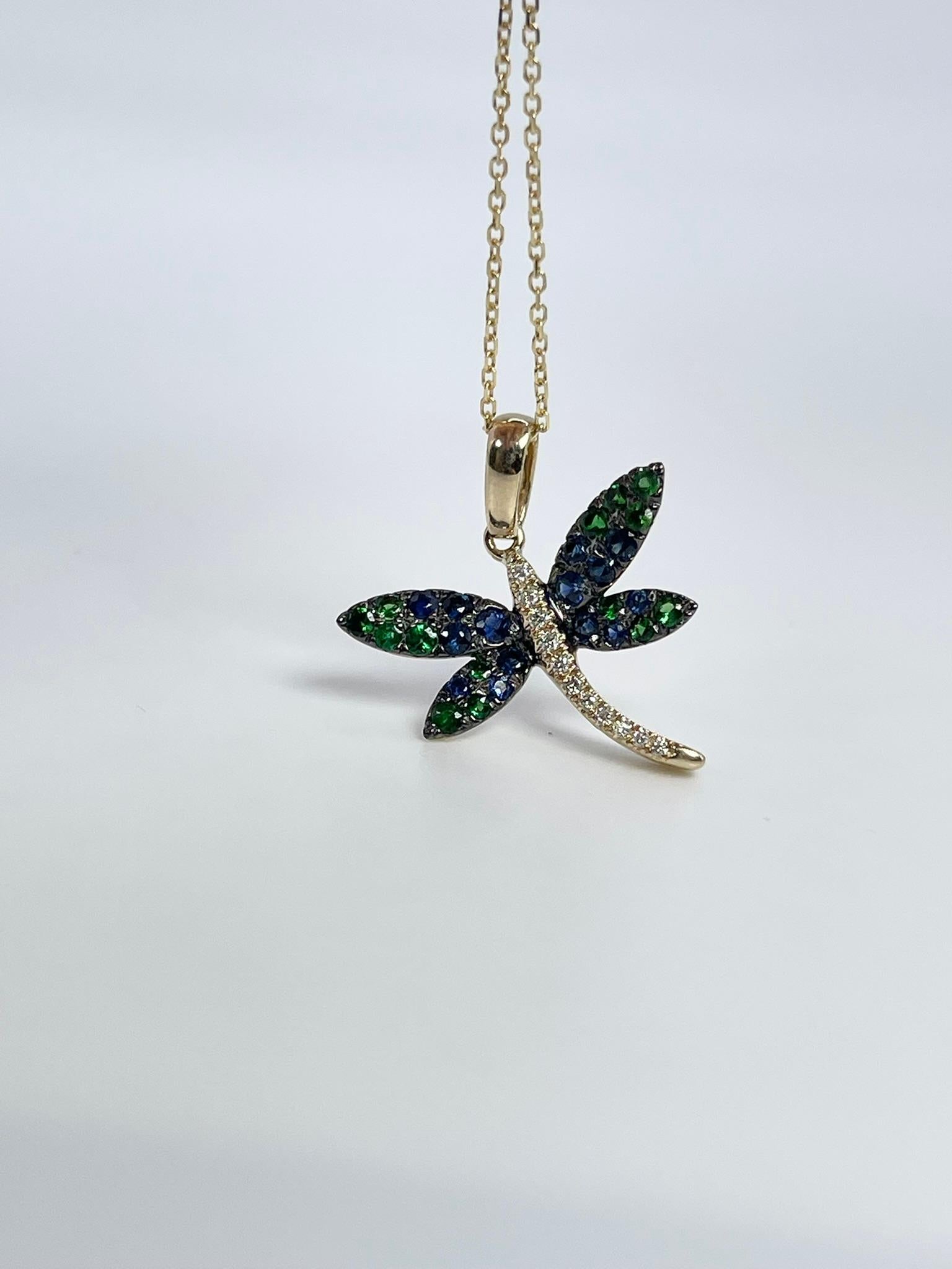 Dragonfly Diamond Pendant Necklace 14kt Yellow Gold Blue Sapphire & Garnet In New Condition For Sale In Jupiter, FL