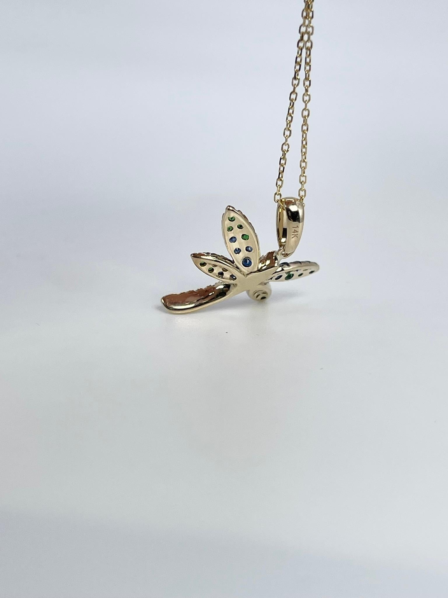 Women's Dragonfly Diamond Pendant Necklace 14kt Yellow Gold Blue Sapphire & Garnet For Sale
