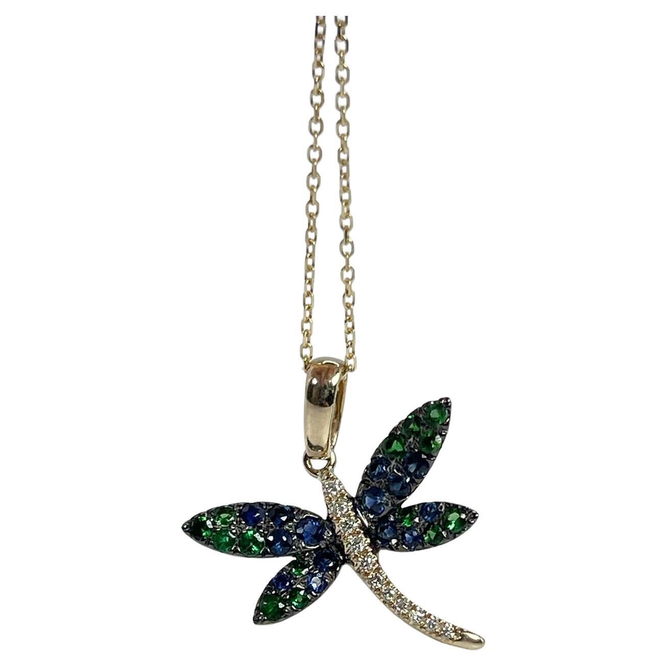 Dragonfly Diamond Pendant Necklace 14kt Yellow Gold Blue Sapphire & Garnet For Sale