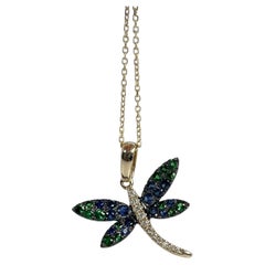 Dragonfly Diamond Pendant Necklace 14kt Yellow Gold Blue Sapphire & Garnet