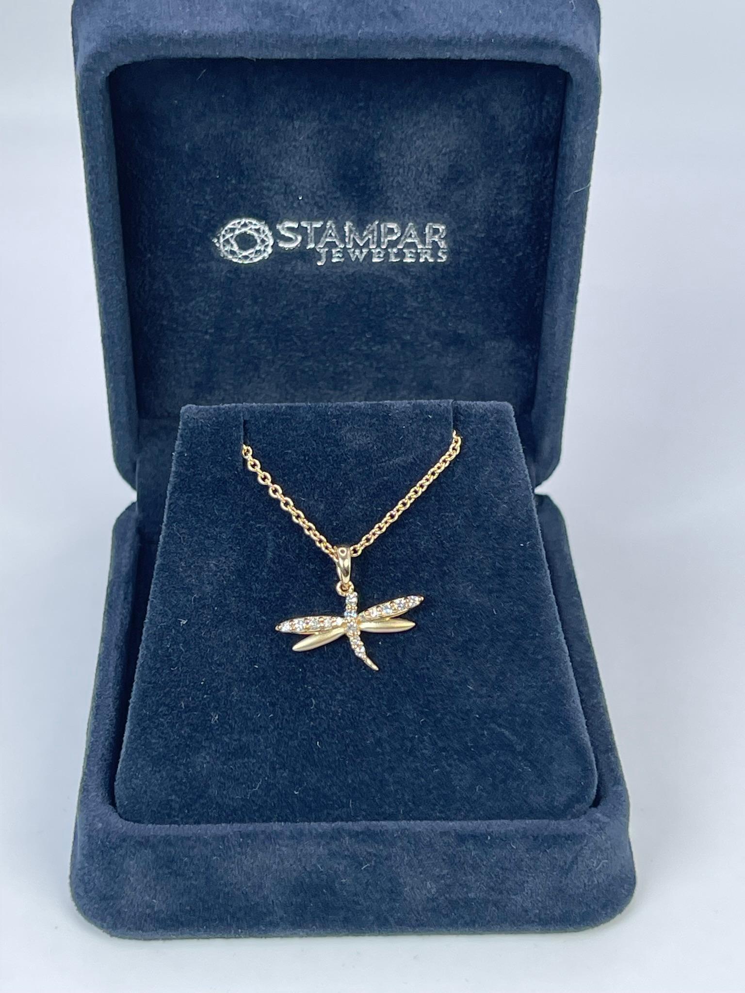 Round Cut Dragonfly Diamond Pendant Necklace 14KT Yellow Gold Cute Dainty Pendant For Sale
