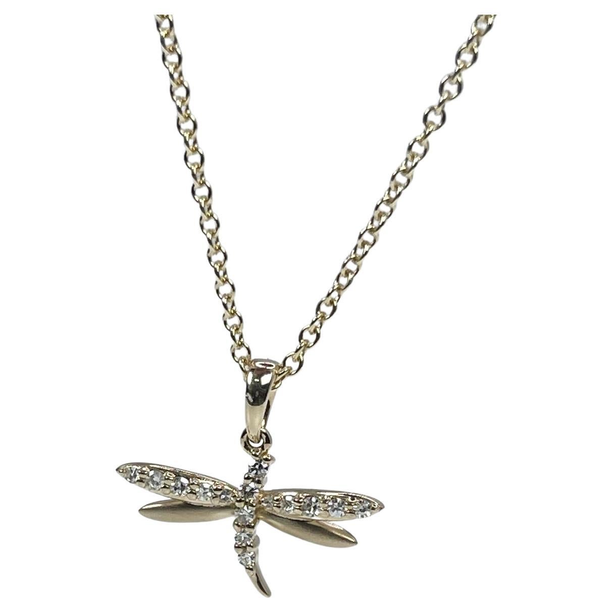 Dragonfly Diamond Pendant Necklace 14KT Yellow Gold Cute Dainty Pendant For Sale