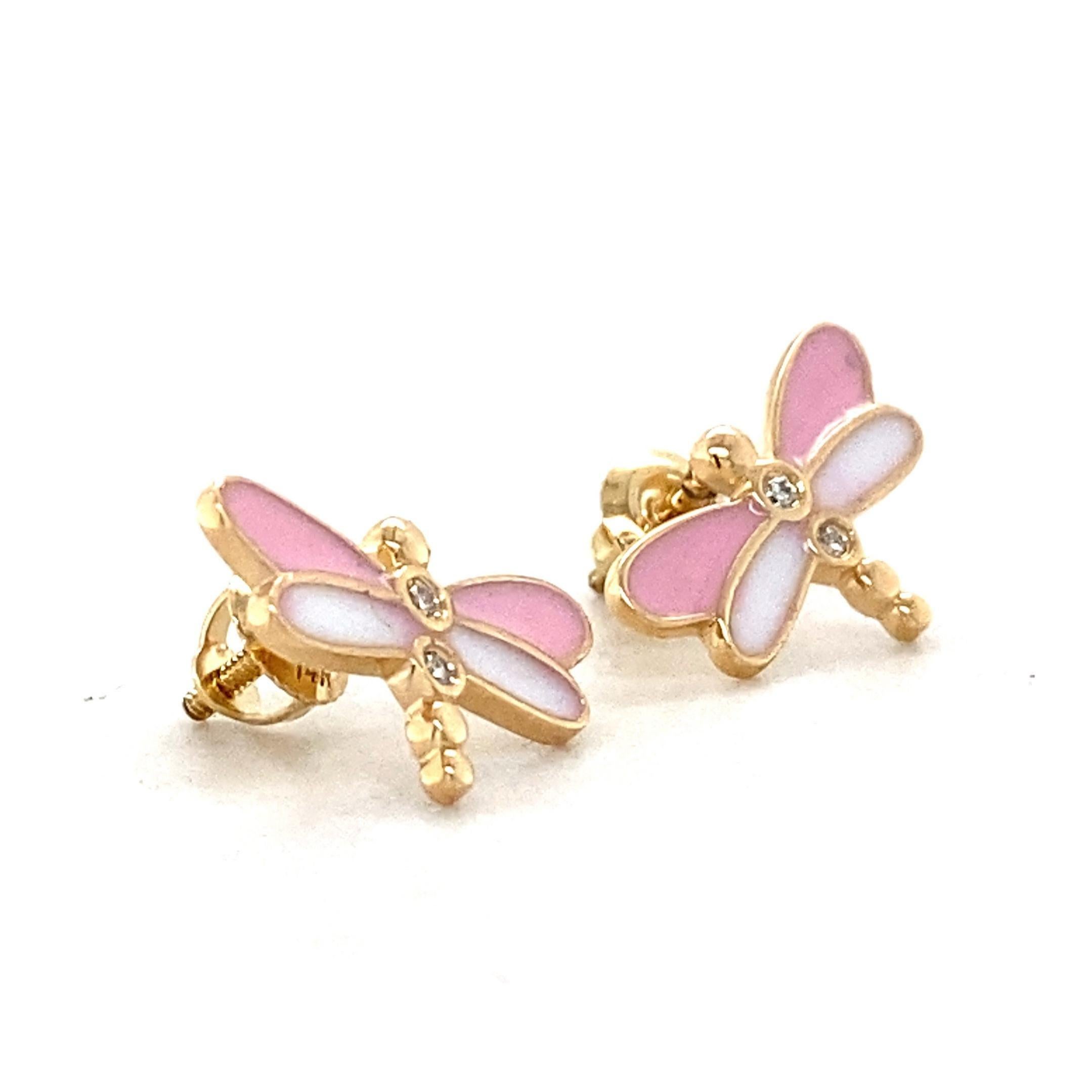 Orecchini per bambini con diamante a forma di libellula in oro massiccio 14k (certificati) In condizioni Nuovo in vendita a New Delhi, DL
