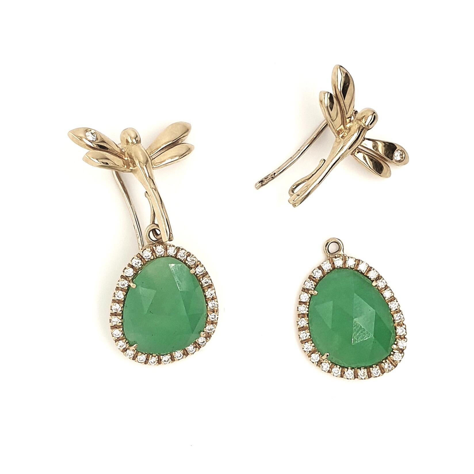 A pretty set of earrings masterfully created entirely by hand. An 18-karat yellow gold dragonfly with a single round-cut diamond set into its wing sits above a stone of apple-green jade which framed with a single row of white diamonds and set in