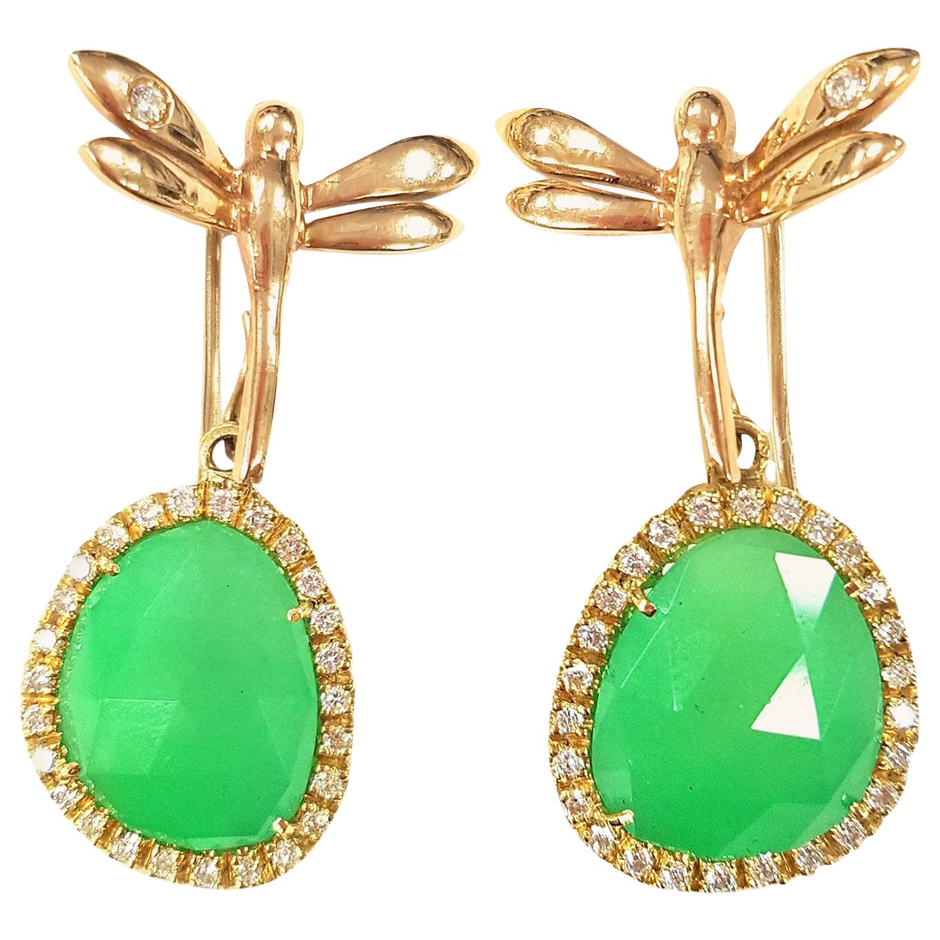 Contemporary 18 Karat Gold Convertible Bright Jade Earrings with Dragonfly For Sale