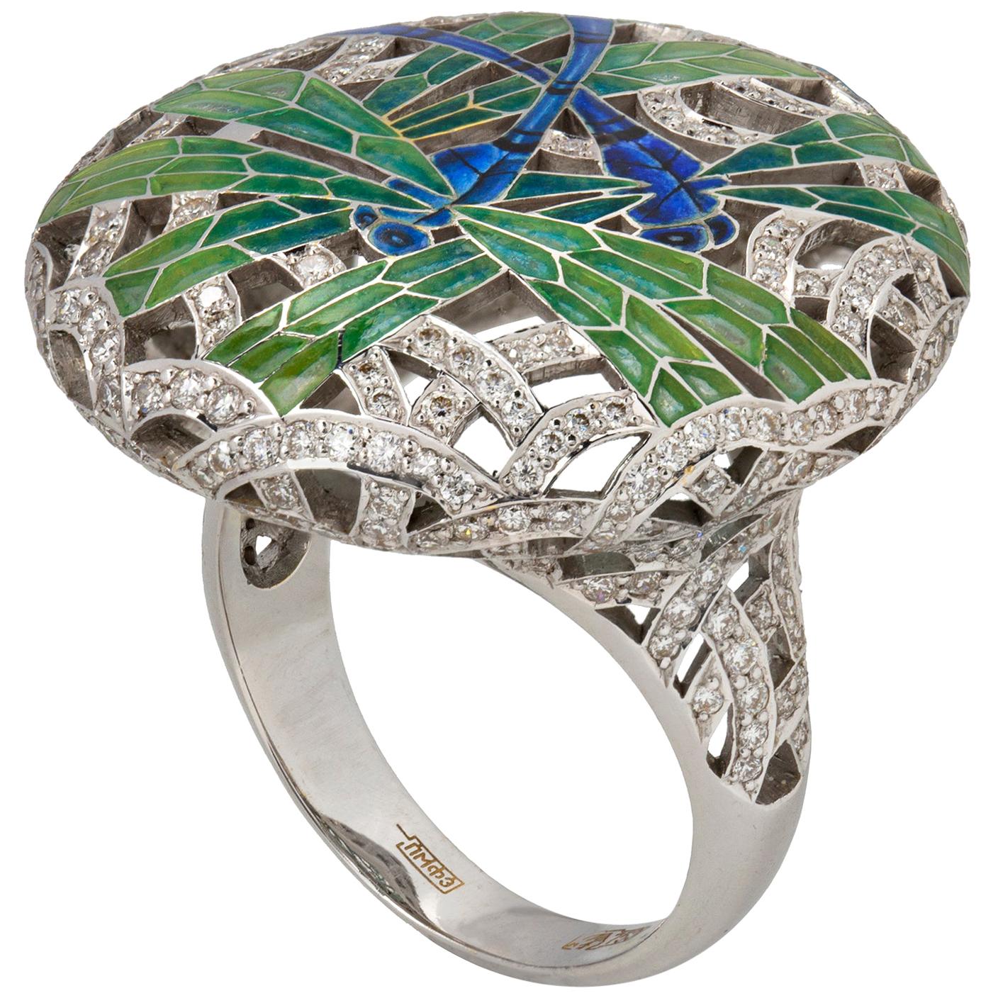 Dragonfly Enamel and Diamond Ring by Ilgiz F For Sale