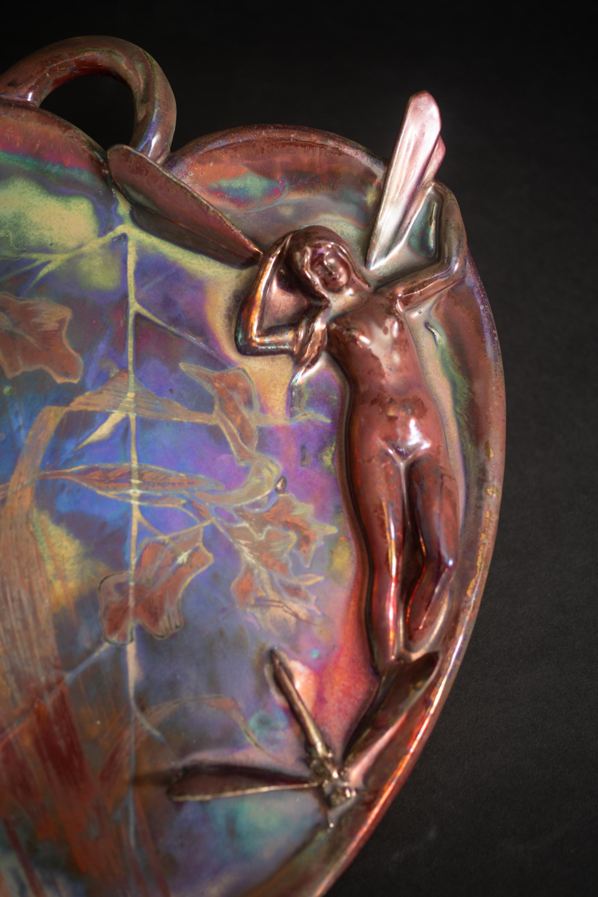 Glazed Dragonfly & Fairy Art Nouveau Plaque by Delphin Massier for Clement Massier For Sale