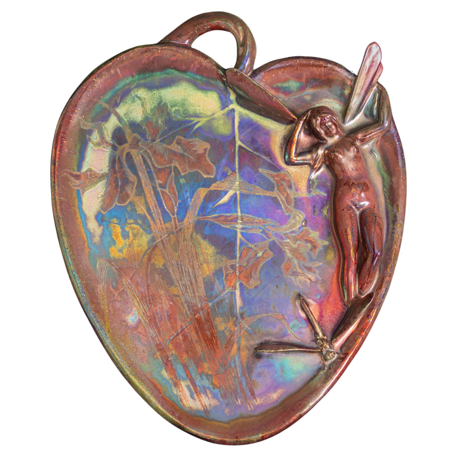 Dragonfly & Fairy Art Nouveau Plaque by Delphin Massier for Clement Massier For Sale