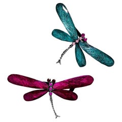 Dragonfly Faux Emerald and Faux Ruby Wings Statement Vintage Pair Brooch Pins