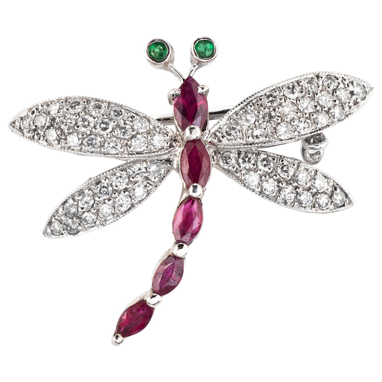 Dragonfly Gemstone Brooch Estate 18 Karat Gold Diamond Ruby Emerald Jewelry