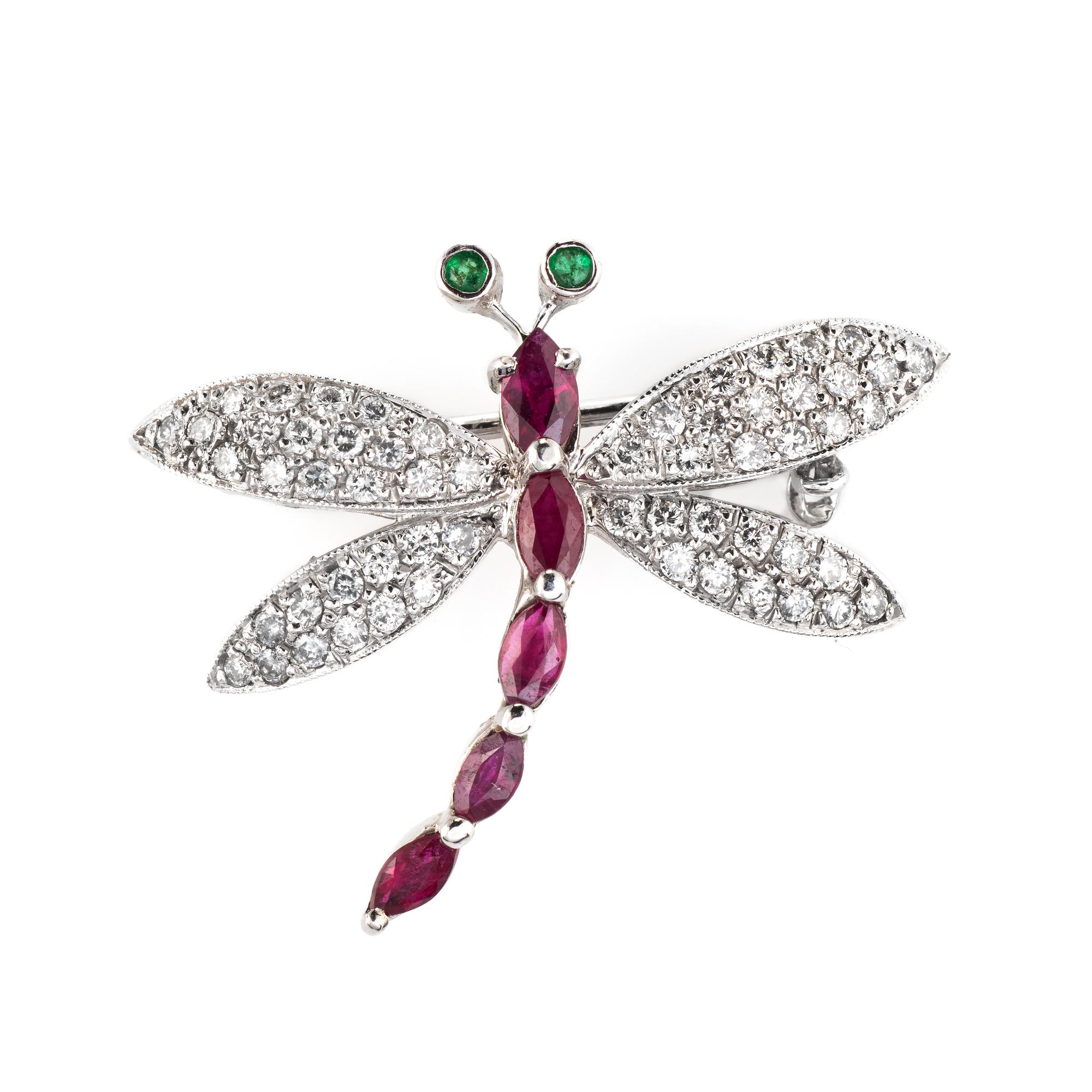 Modern Dragonfly Gemstone Brooch Estate 18 Karat Gold Diamond Ruby Emerald Jewelry