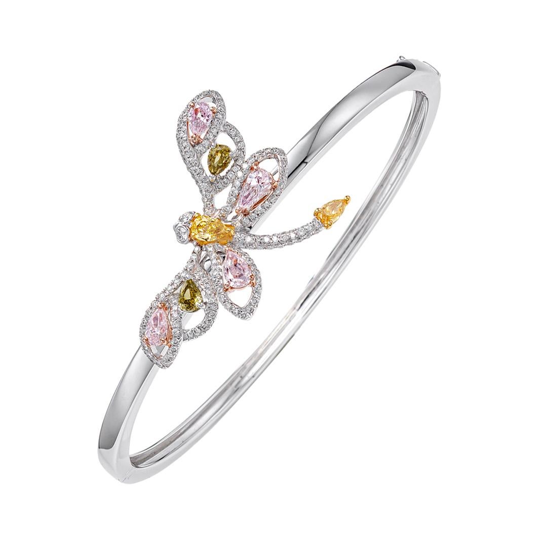 Dragonfly Green, Yellow, Orange and Pink Diamond Bangle Bracelet in 18K Gold For Sale