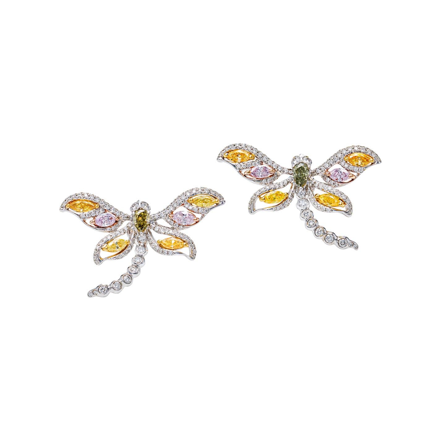 Dragonfly Green, Yellow, Orange and Purple Diamond Earrings in 18K Gold For Sale