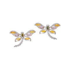 Dragonfly Green, Yellow, Orange and Purple Diamond Earrings in 18K Gold
