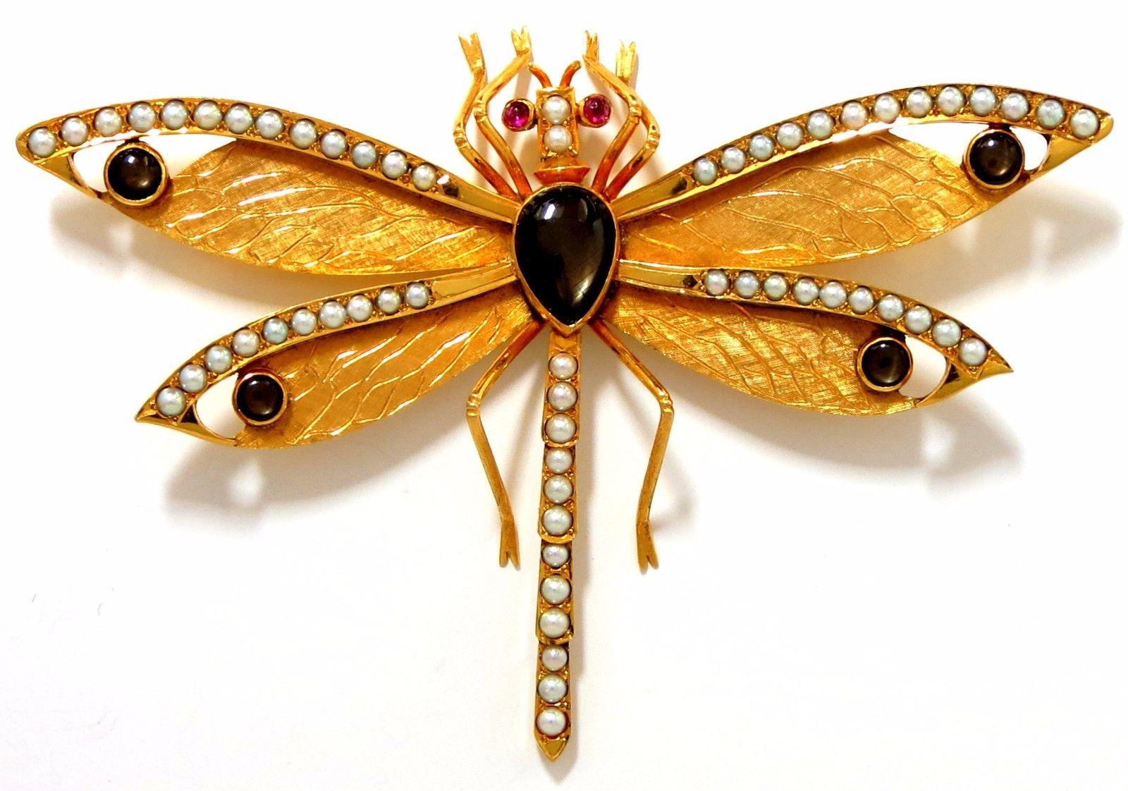 Cabochon Dragonfly Important Art Deco Style 18 Karat Natural Pearls Blackstar Brooch Pin For Sale