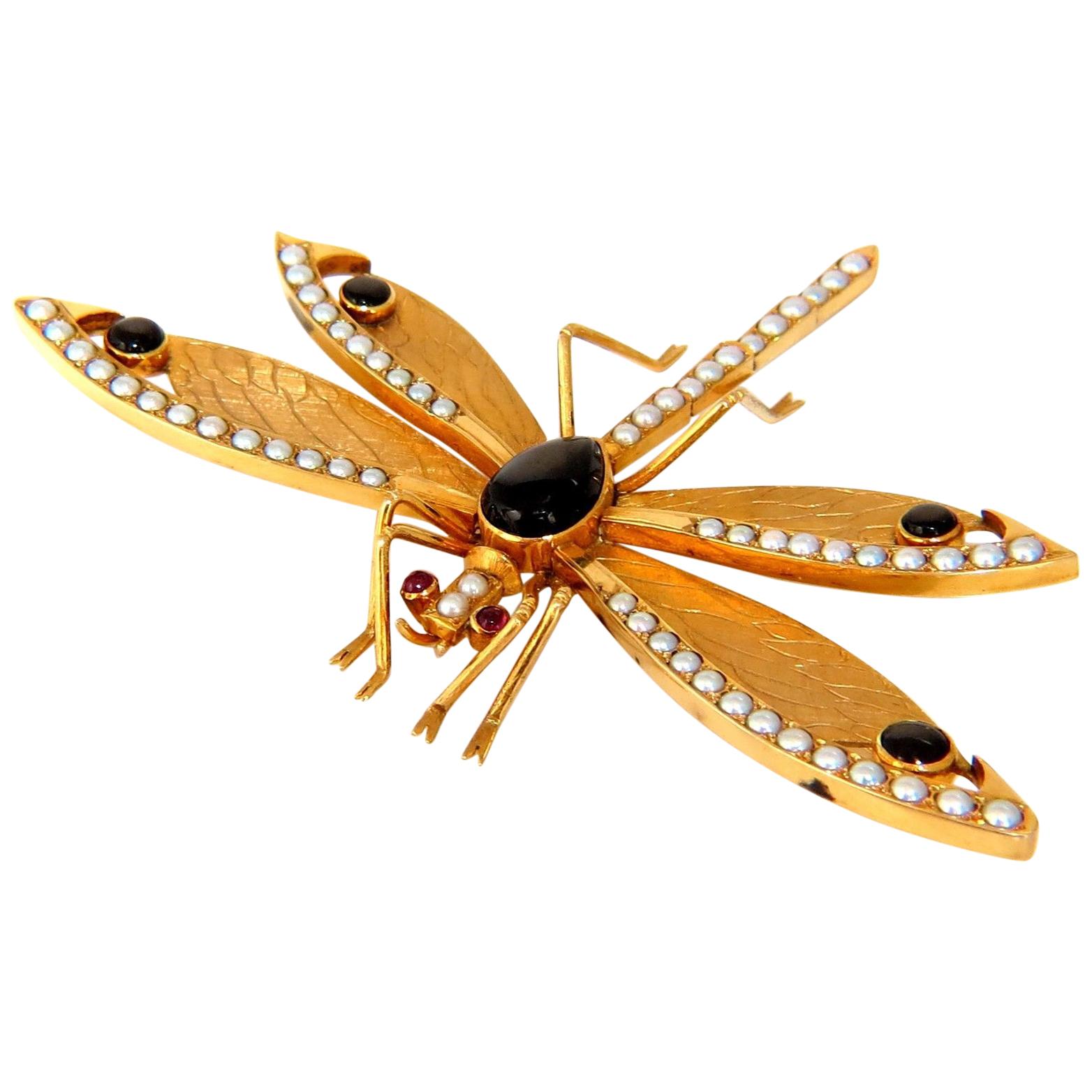 Dragonfly Important Art Deco Style 18 Karat Natural Pearls Blackstar Brooch Pin