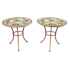 Dragonfly Mosaic Tile Round Stone Top Iron Base Patio Side Tables, Pair