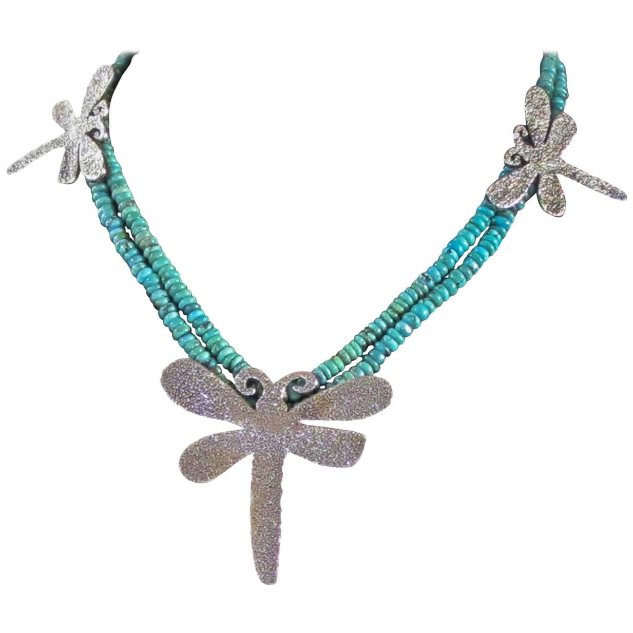 Dragonfly necklace, cast silver Kingman turquoise beads Melanie Yazzie Navajo For Sale