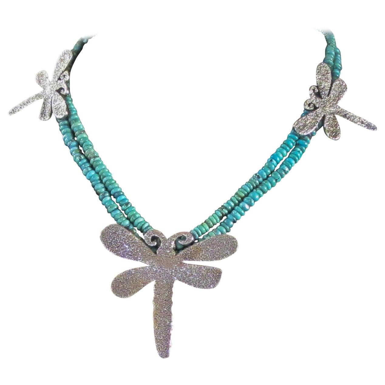 Dragonfly necklace, cast silver, Kingman turquoise, beads, Navajo, artist design For Sale