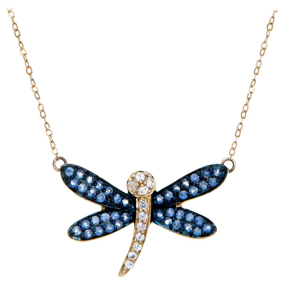 Dragonfly Necklace Sapphire Diamond 14 Karat Yellow Gold Estate Fine Jewelry
