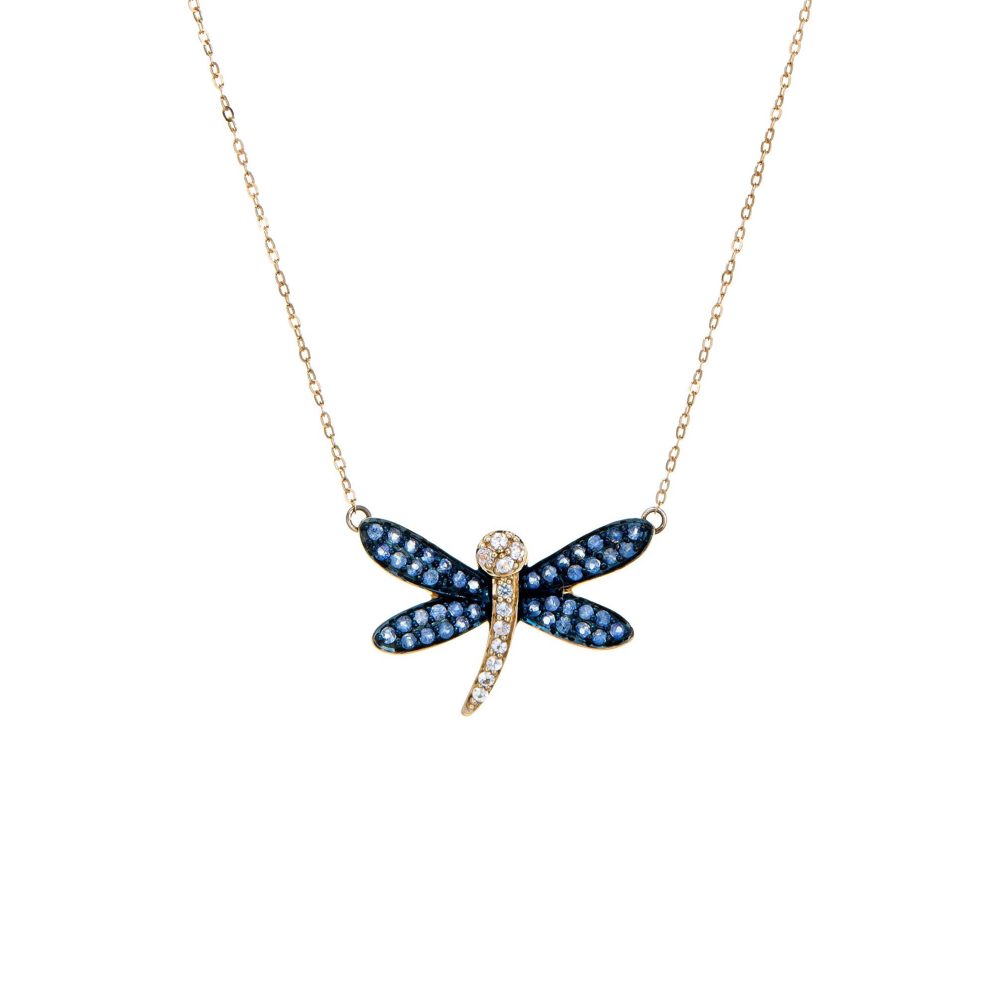 Round Cut Dragonfly Necklace Sapphire Diamond 14 Karat Yellow Gold Estate Fine Jewelry