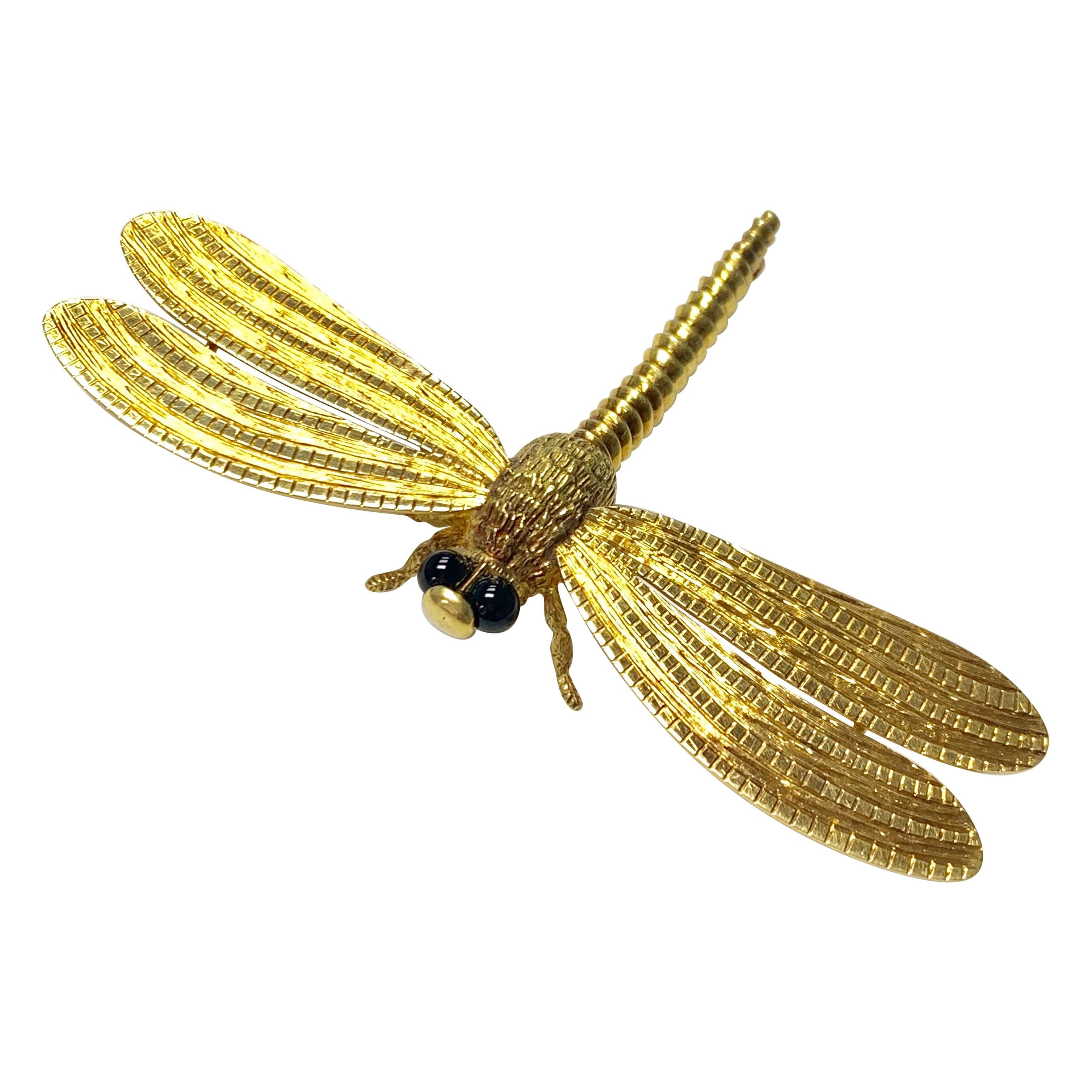 Dragonfly Onyx and 18 Karat Yellow Gold Pin For Sale