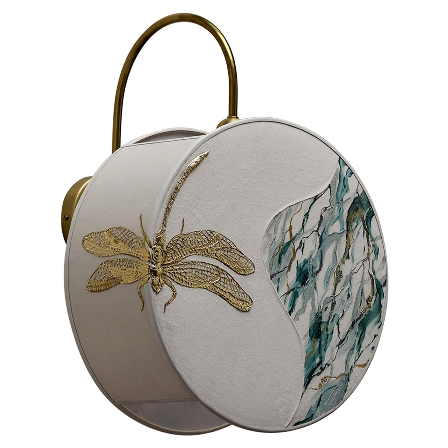 Dragonfly Pattern Sconce Lamps Handmade Velvet and Natural Brass, Marbled-Effect For Sale