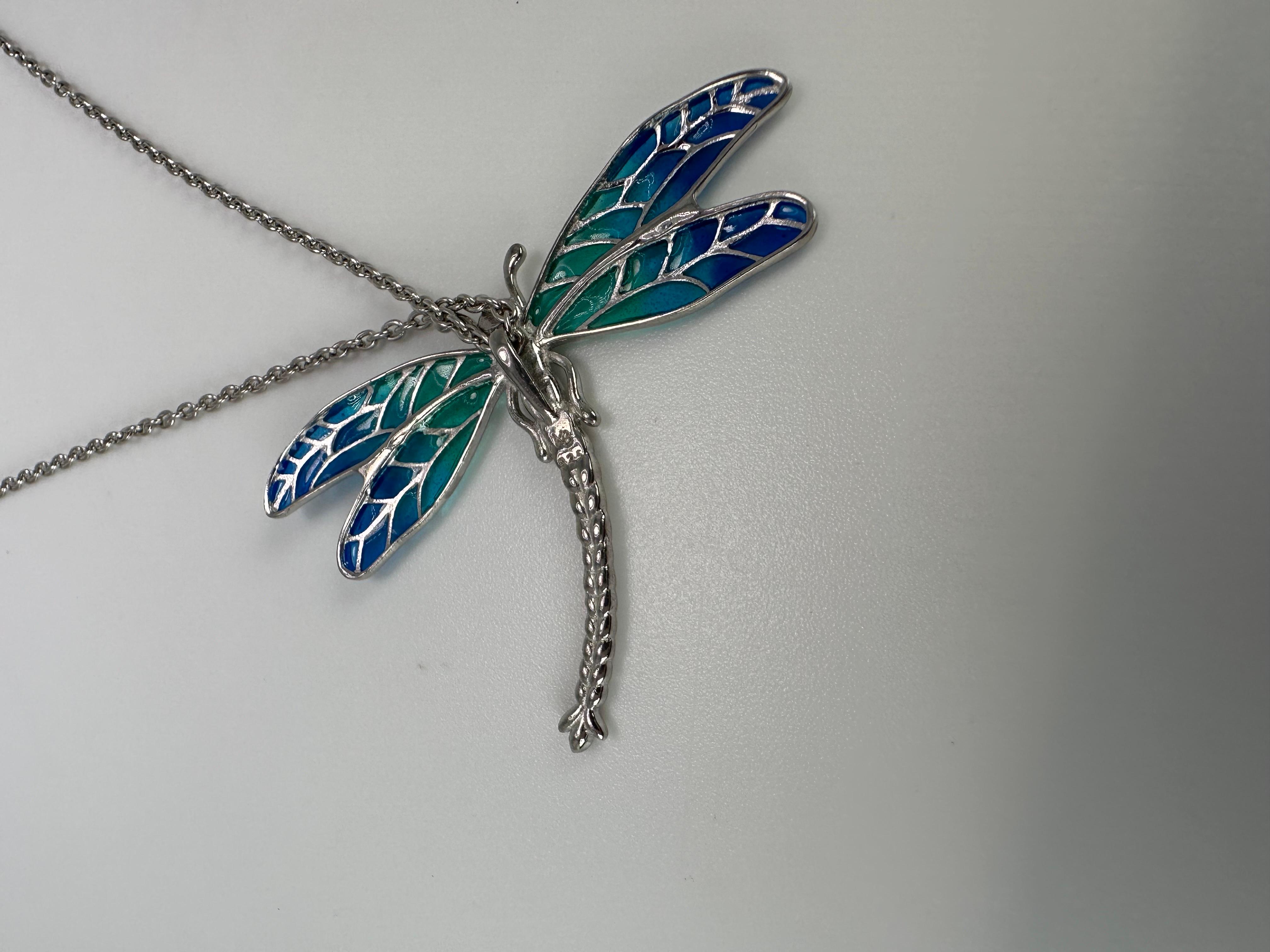 Dragonfly pendant necklace enamel pendant 925 ss In New Condition For Sale In Jupiter, FL