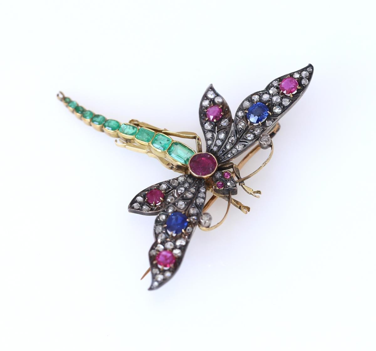 Emerald Cut Dragonfly Pendant Pin Brooch Rubie Emeralds Diamonds Gold Magazine, 1900 For Sale