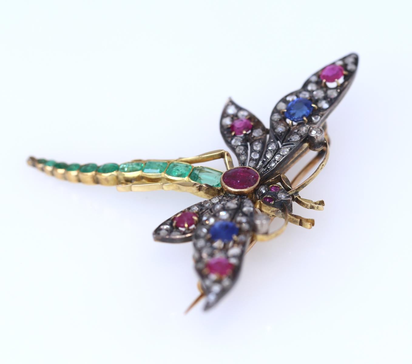 Dragonfly Pendant Pin Brooch Rubie Emeralds Diamonds Gold Magazine, 1900 In Good Condition For Sale In Herzelia, Tel Aviv