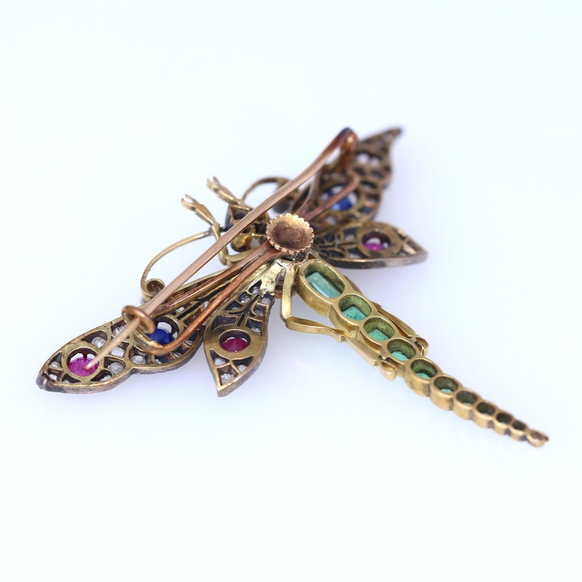 Women's or Men's Dragonfly Pendant Pin Brooch Rubie Emeralds Diamonds Gold Magazine, 1900 For Sale