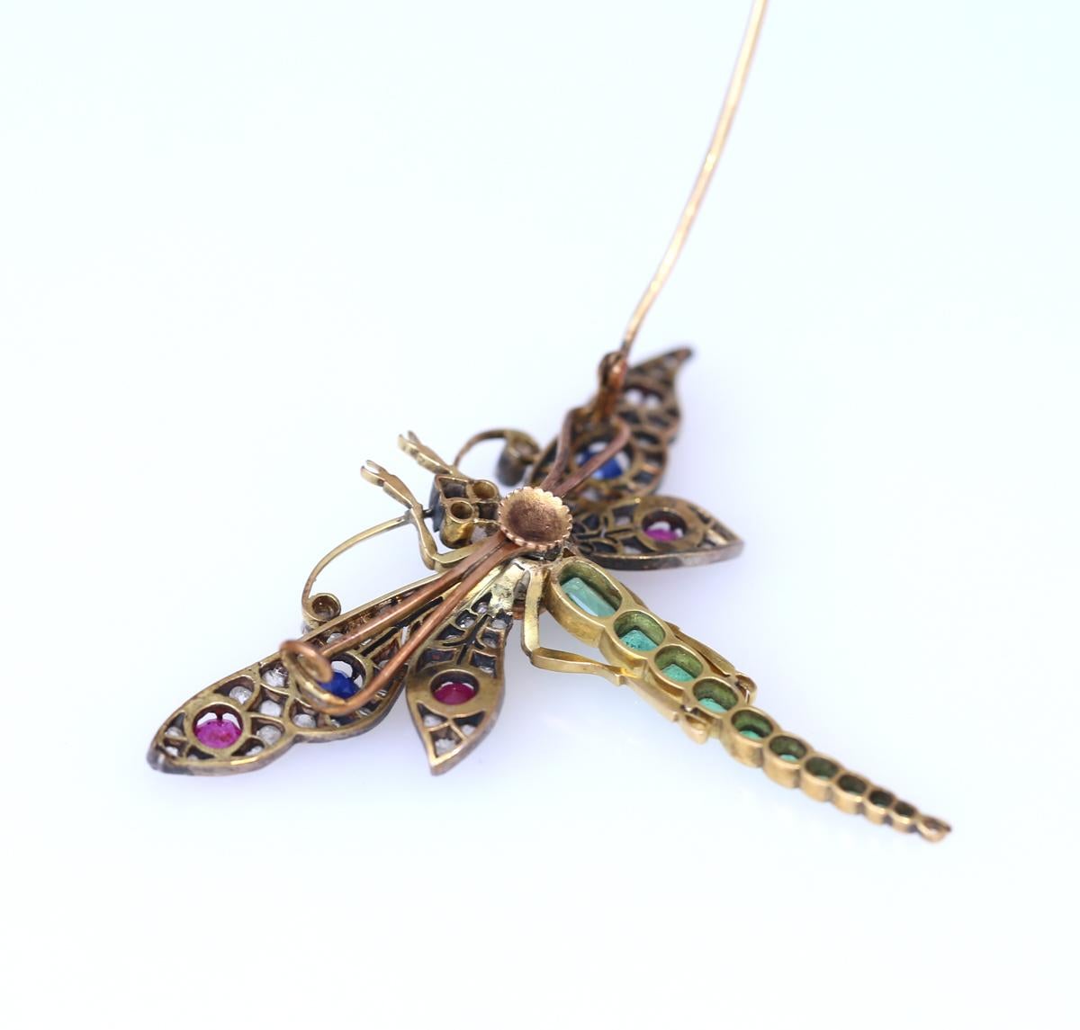 Dragonfly Pendant Pin Brooch Rubie Emeralds Diamonds Gold Magazine, 1900 For Sale 4