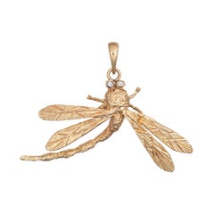 Dragonfly Pendant Vintage 14k Yellow Gold Diamond Eyes Estate Fine Jewelry Bug