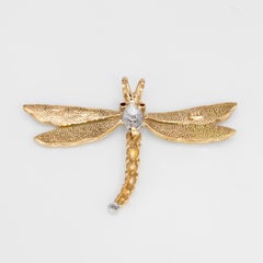 Dragonfly Pendant Vintage Diamond Enamel Ruby 14 Karat Gold Estate Jewelry