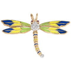 Dragonfly Pendant Vintage Diamond Enamel Ruby 14 Karat Gold Estate Jewelry