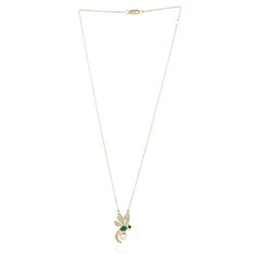 Dragonfly Pendant With Emerald & Pearl Chain Necklace Made In 18k Gold