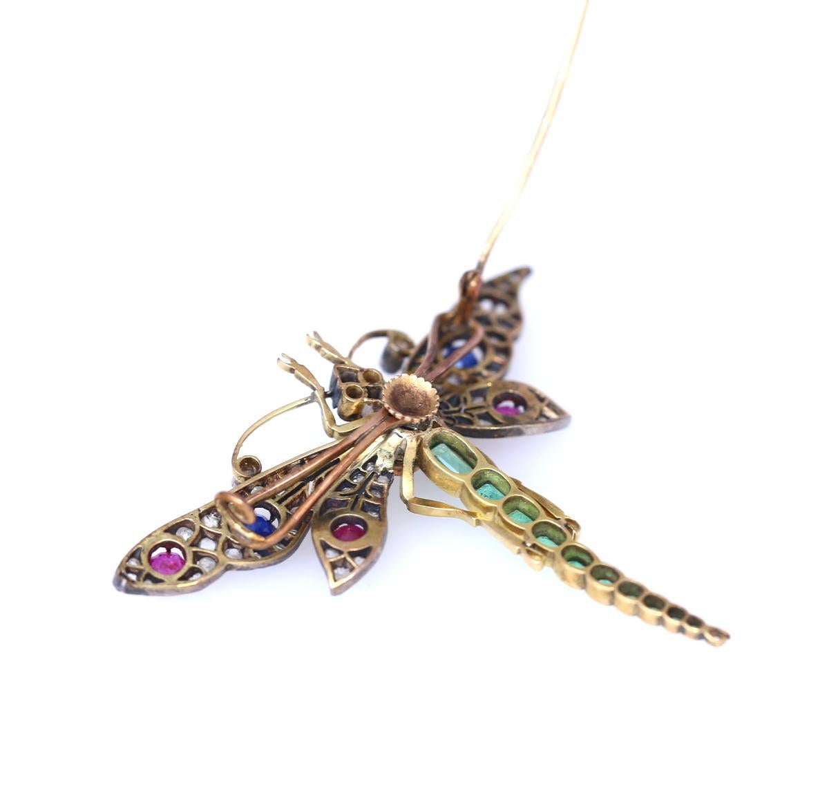 Alfiler Libélula Colgante Broche Rubí Esmeraldas Diamantes Revista Oro, 1900 en venta 5