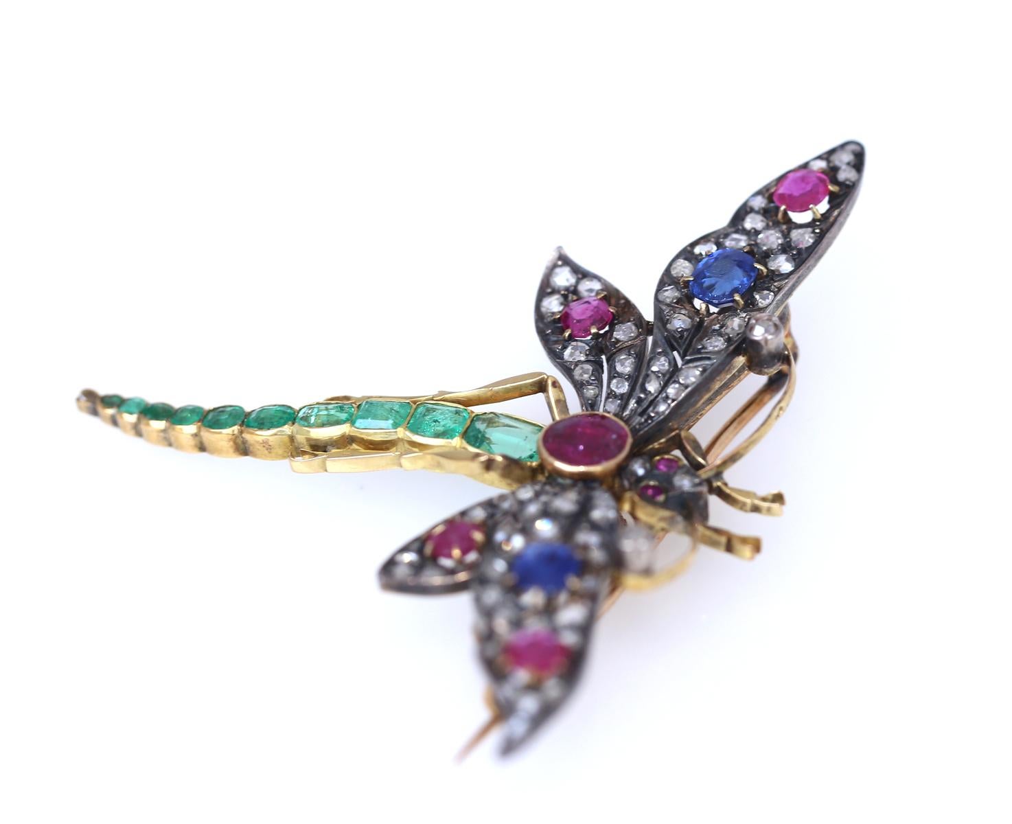 Alfiler Libélula Colgante Broche Rubí Esmeraldas Diamantes Revista Oro, 1900 Corte esmeralda en venta