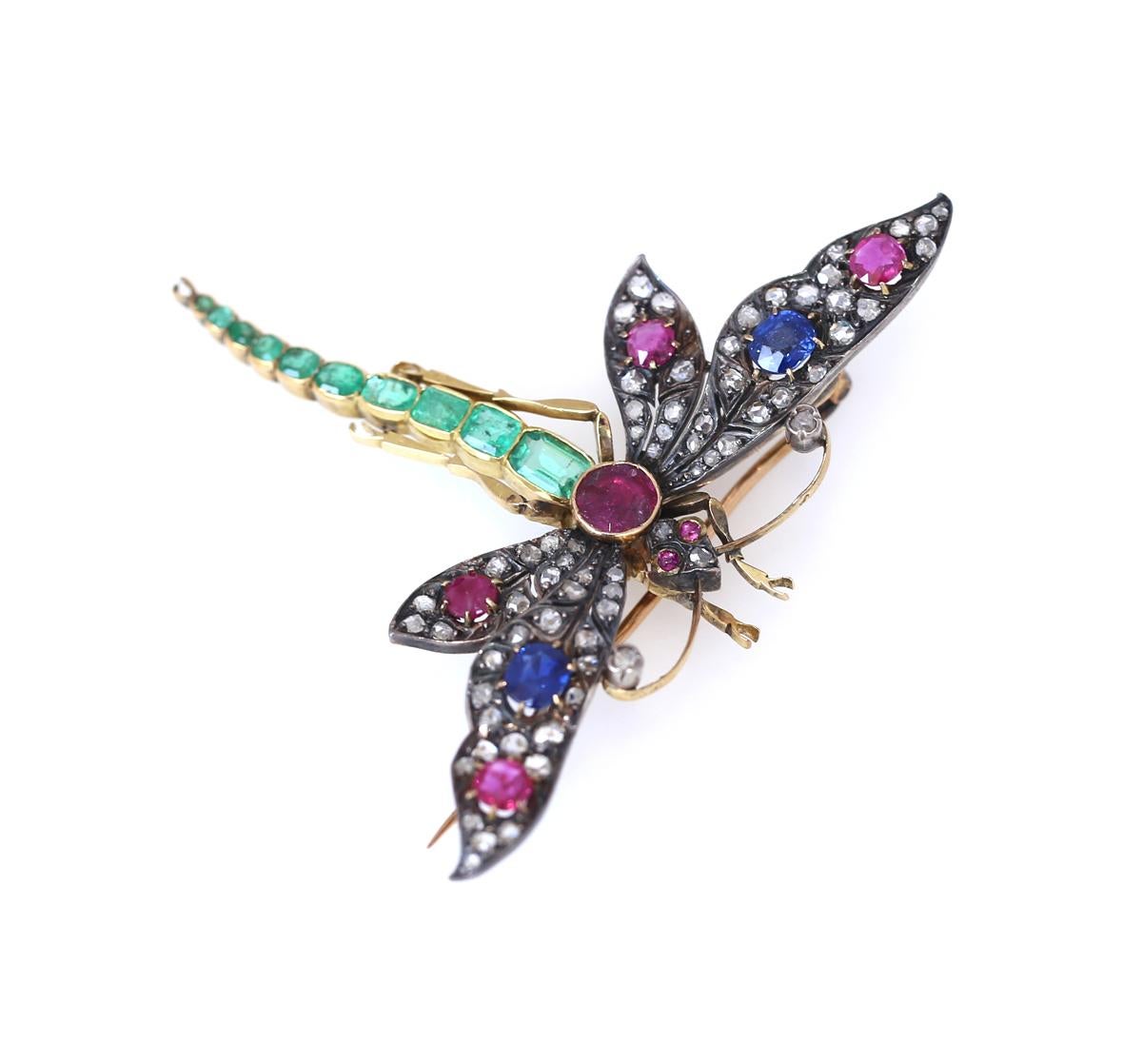 Alfiler Libélula Colgante Broche Rubí Esmeraldas Diamantes Revista Oro, 1900 en venta 1