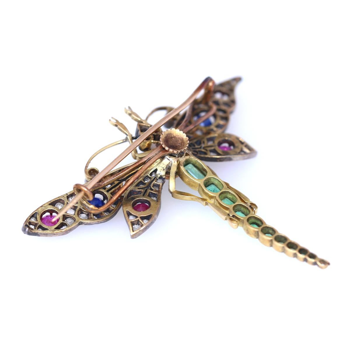 Alfiler Libélula Colgante Broche Rubí Esmeraldas Diamantes Revista Oro, 1900 en venta 3