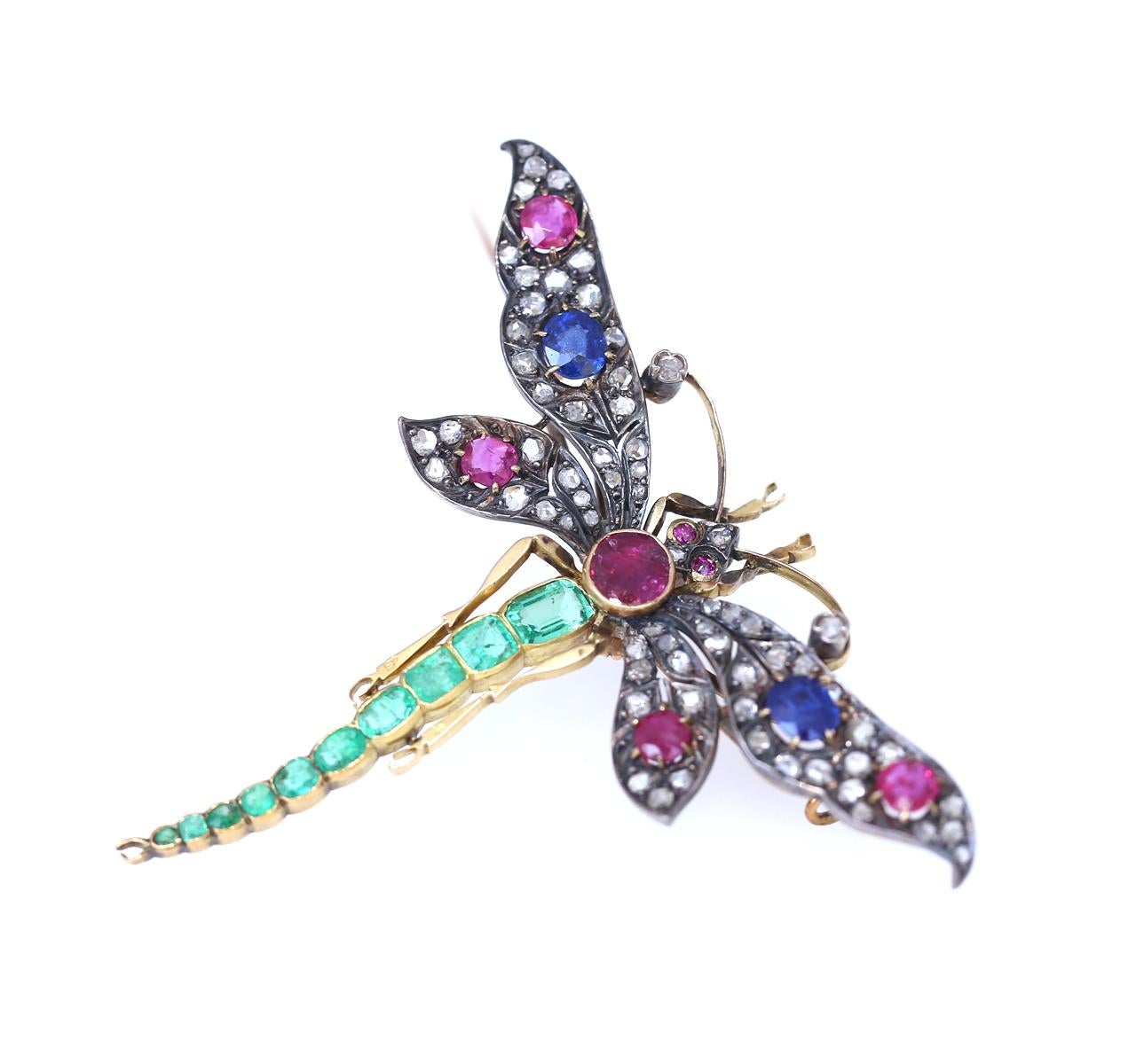 Alfiler Libélula Colgante Broche Rubí Esmeraldas Diamantes Revista Oro, 1900 en venta 4