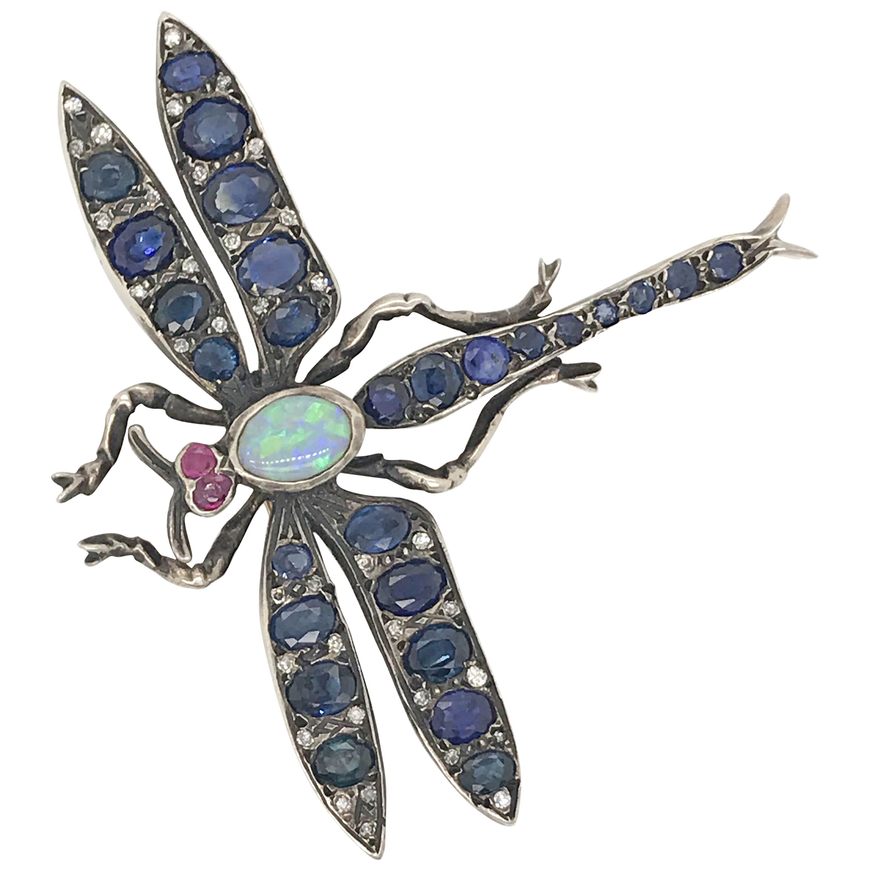 Dragonfly Pin with Sapphires Diamond, Ruby and Opal in 14 Karat and Sterling For Sale